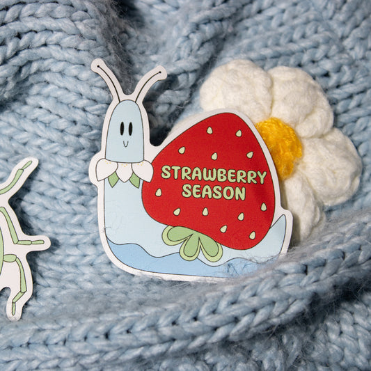 Snail with strawberry shell magnet laying on blue wool.
